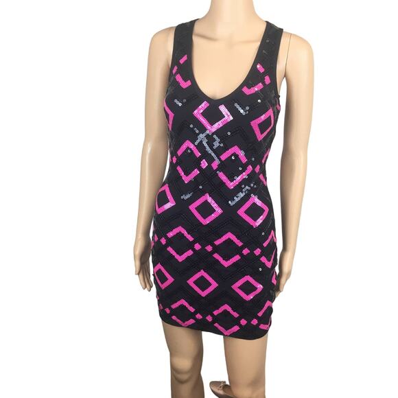 bebe Pink Black Sequence Dress with Ribbed Back Size Small - Picture 4 of 10